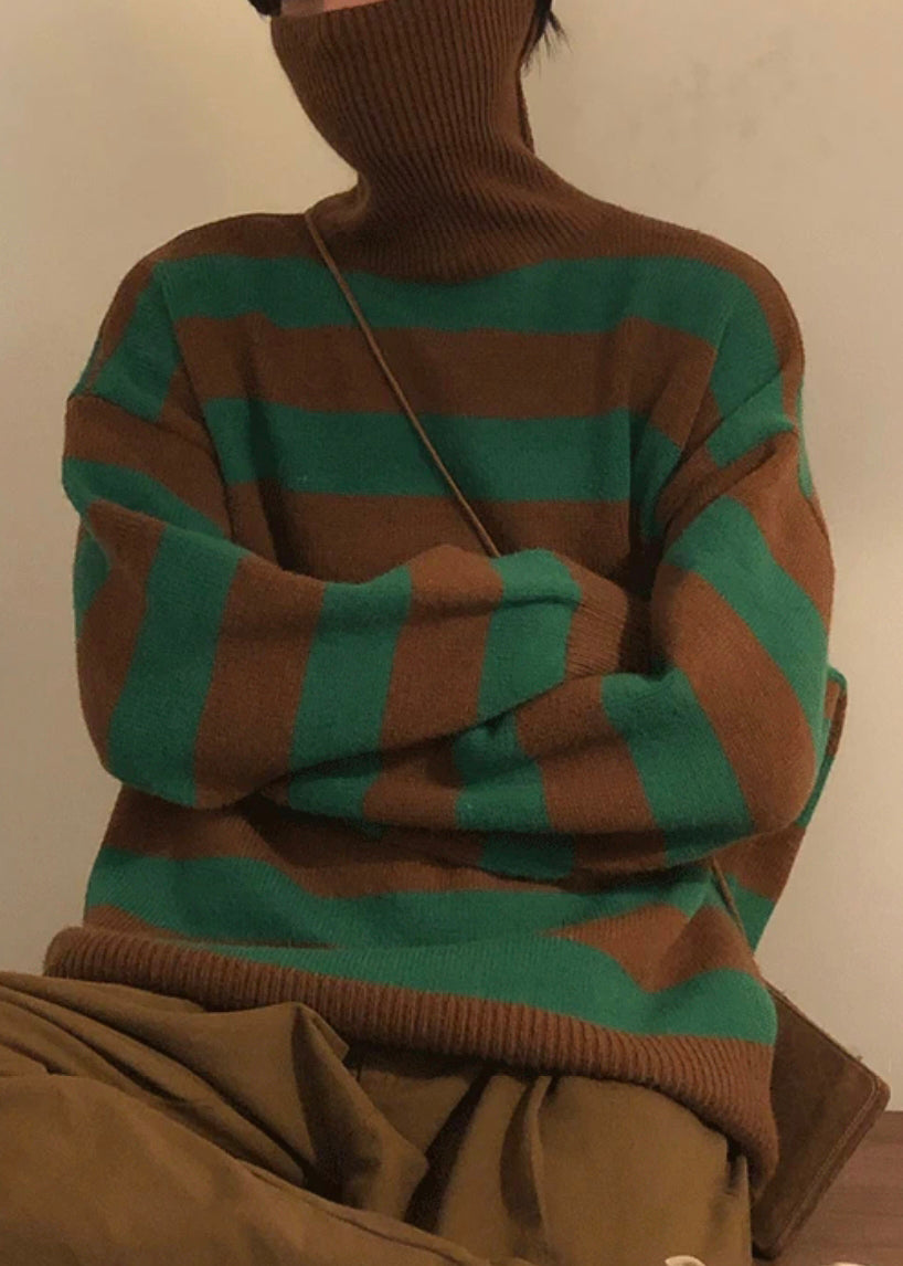 Art Green Striped Turtleneck Knit Sweaters Winter Rj051