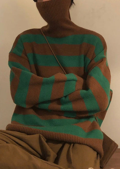 Art Green Striped Turtleneck Knit Sweaters Winter Rj051