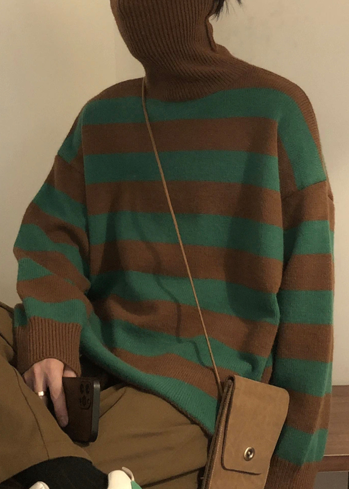 Art Green Striped Turtleneck Knit Sweaters Winter Rj051