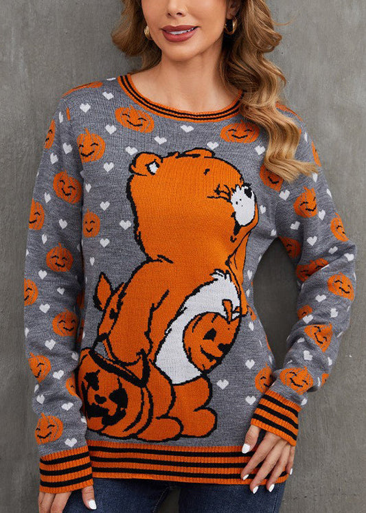 Art Grey O Neck Animal Cozy Knit Sweater Fall Ae1014