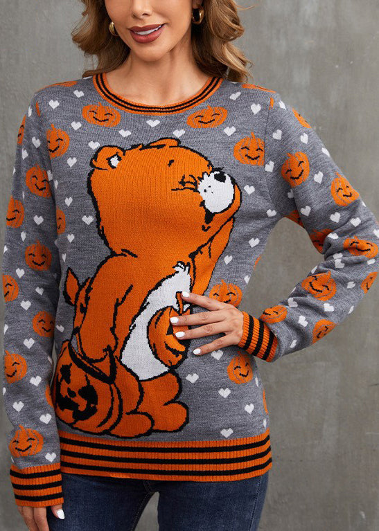Art Grey O Neck Animal Cozy Knit Sweater Fall Ae1014