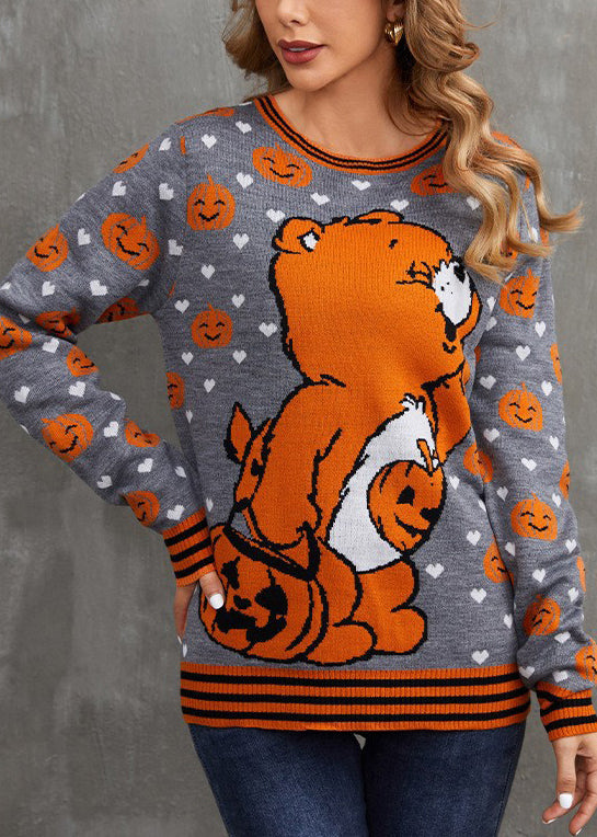 Art Grey O Neck Animal Cozy Knit Sweater Fall Ae1014