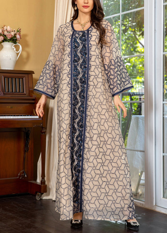 Art Grey O Neck Sequins Patchwork Tulle Long Dress Fall Wo048