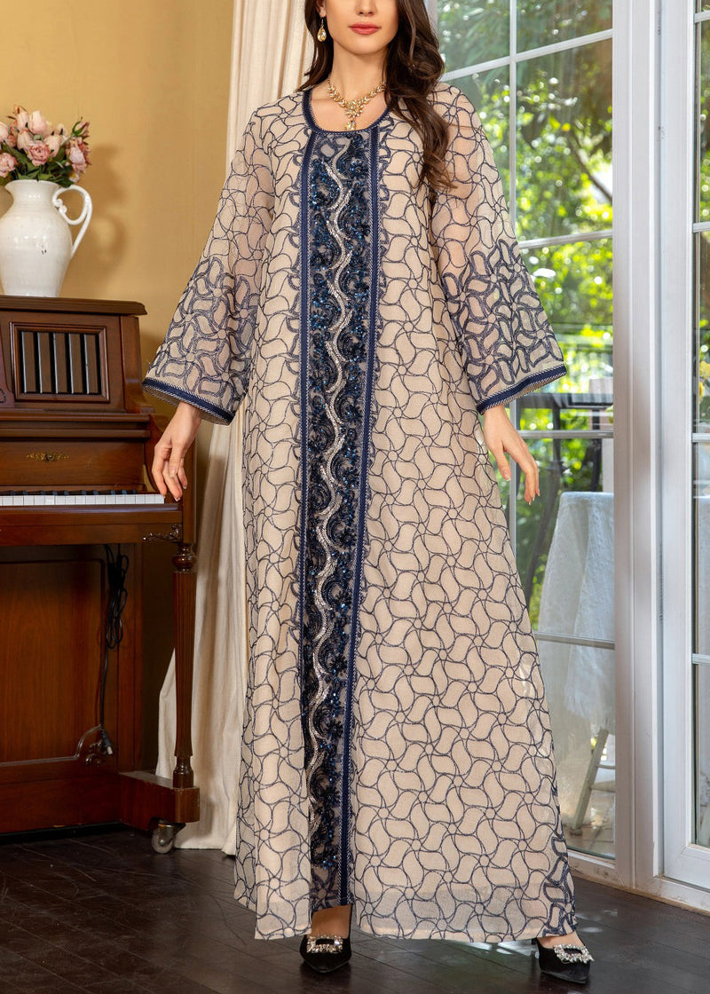 Art Grey O Neck Sequins Patchwork Tulle Long Dress Fall Wo048