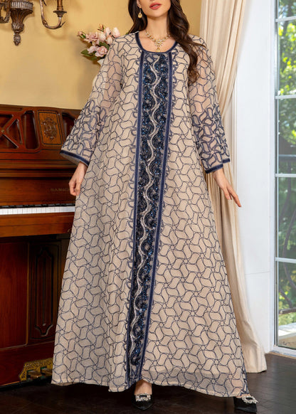 Art Grey O Neck Sequins Patchwork Tulle Long Dress Fall Wo048