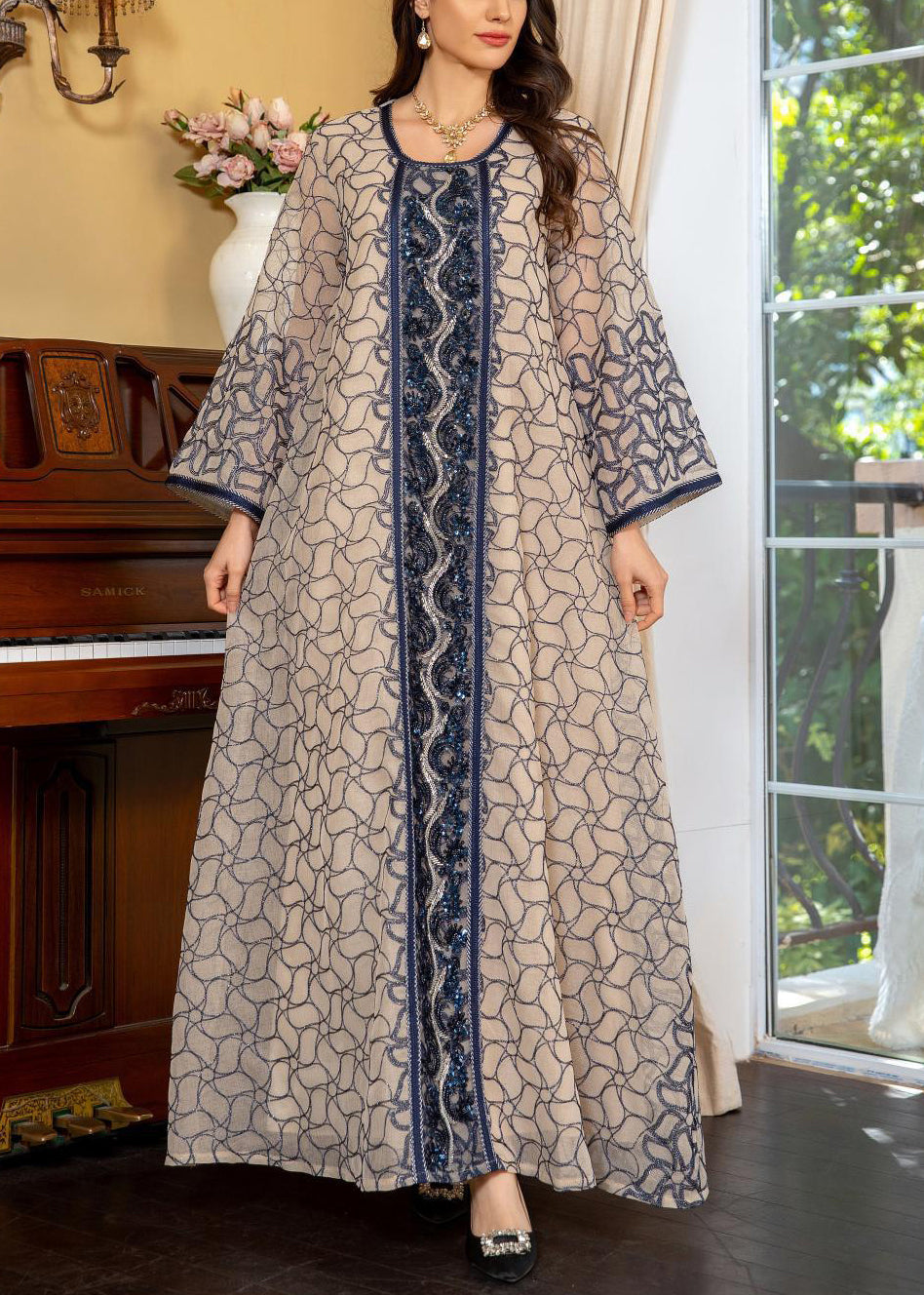 Art Grey O Neck Sequins Patchwork Tulle Long Dress Fall Wo048