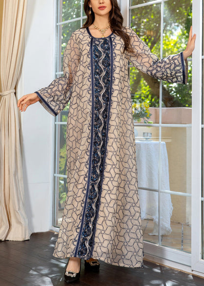 Art Grey O Neck Sequins Patchwork Tulle Long Dress Fall Wo048