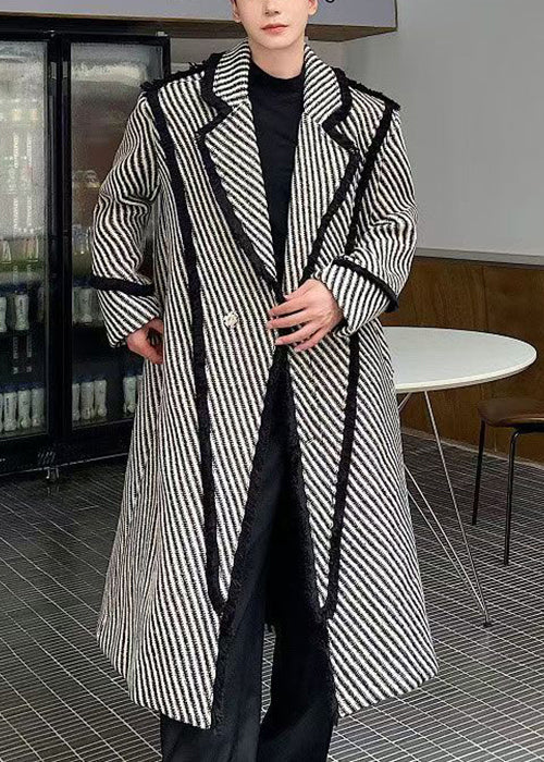 Art Grey Striped Button Woolen Long Coats Winter Ro047