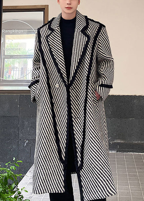 Art Grey Striped Button Woolen Long Coats Winter Ro047