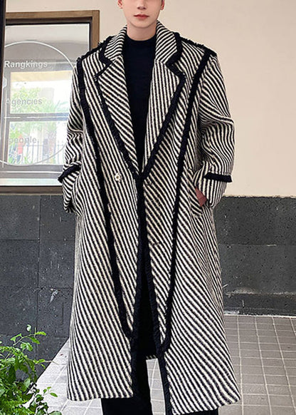 Art Grey Striped Button Woolen Long Coats Winter Ro047