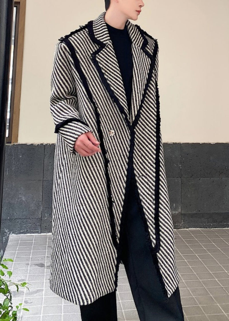 Art Grey Striped Button Woolen Long Coats Winter Ro047