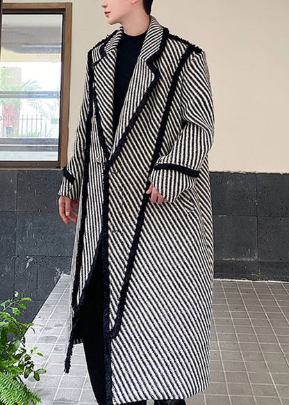 Art Grey Striped Button Woolen Long Coats Winter Ro047