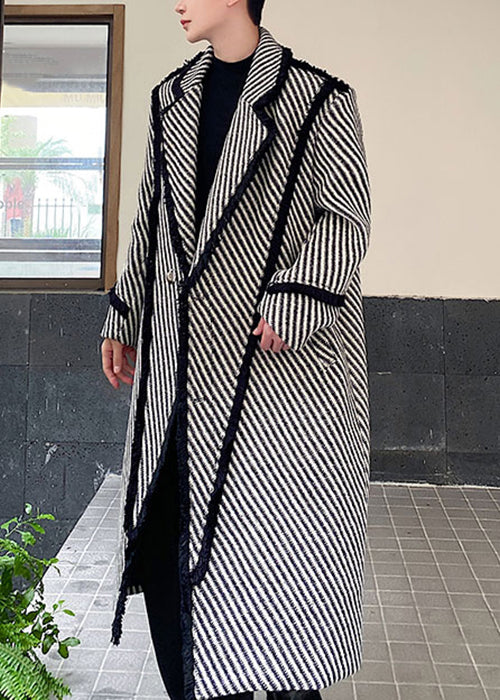 Art Grey Striped Button Woolen Long Coats Winter Ro047