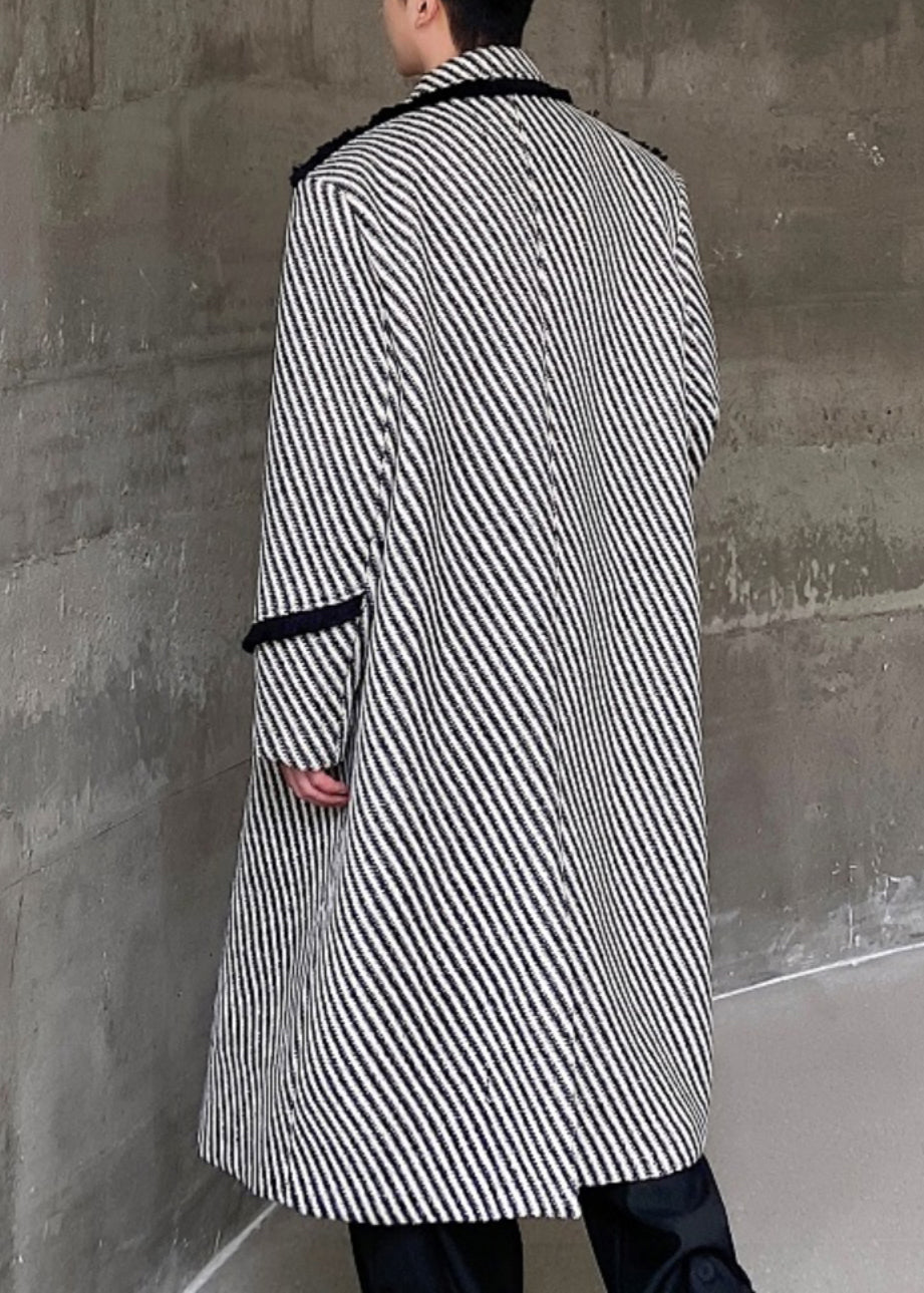 Art Grey Striped Button Woolen Long Coats Winter Ro047