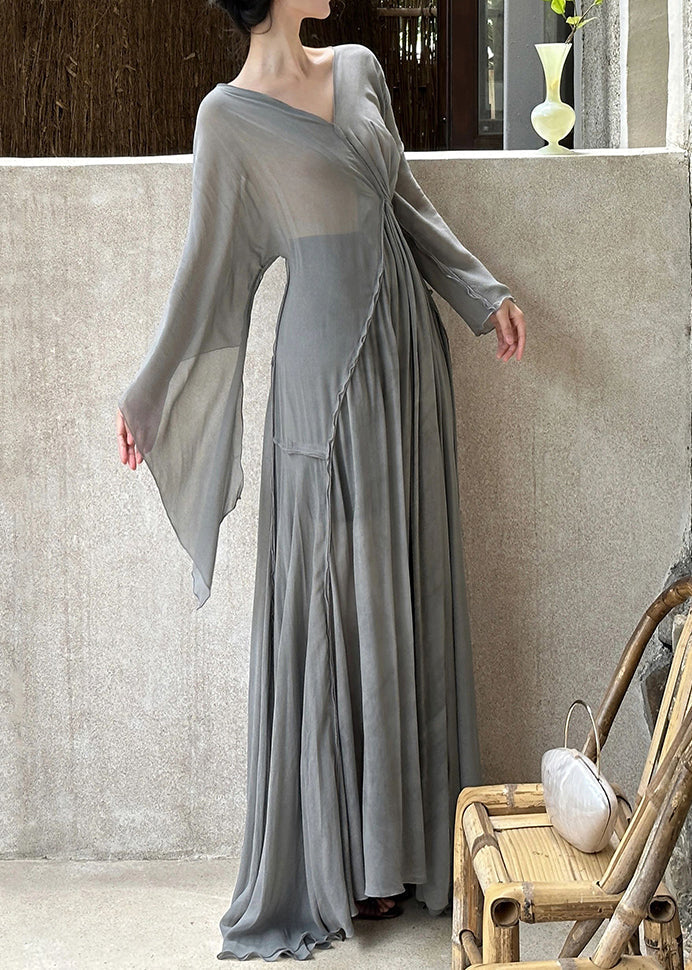 Art Grey V Neck Wrinkled Cotton Maxi Dresses Long Sleeve Ee1064