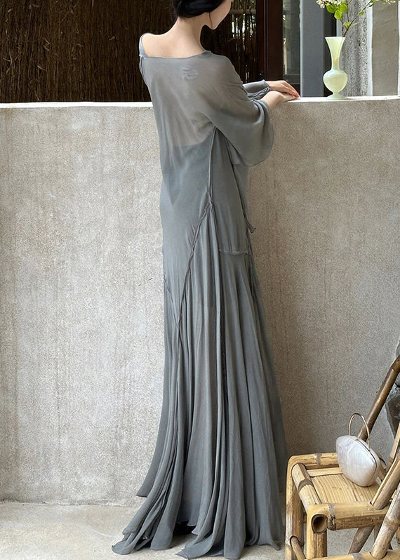 Art Grey V Neck Wrinkled Cotton Maxi Dresses Long Sleeve Ee1064