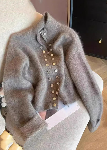 Art Grey Zip Up Double Breast Knit Coats Spring Yw049