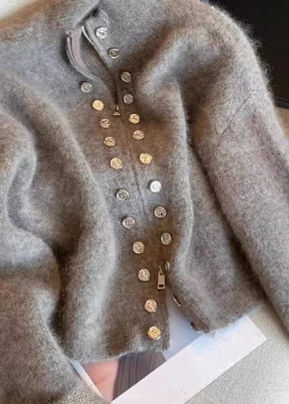 Art Grey Zip Up Double Breast Knit Coats Spring Yw049