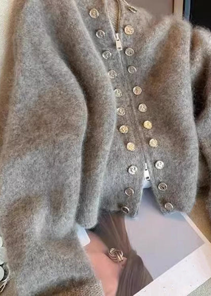 Art Grey Zip Up Double Breast Knit Coats Spring Yw049