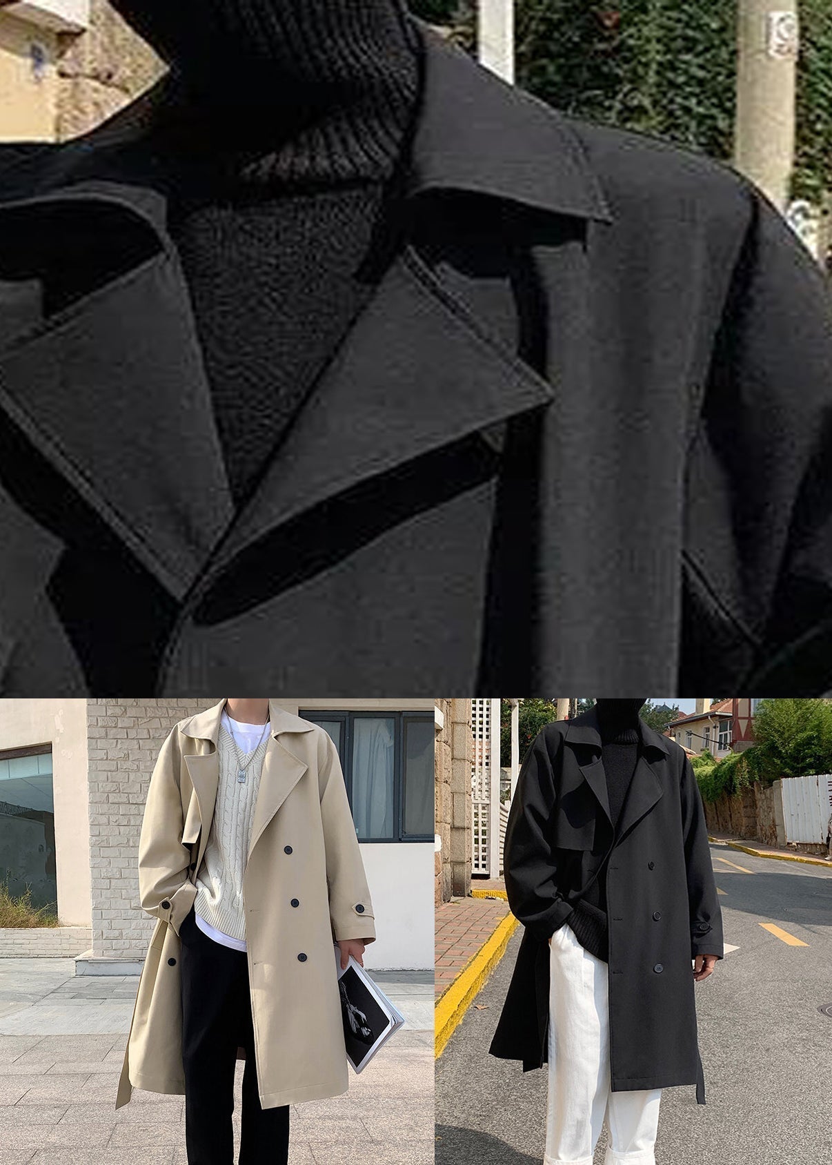 Black Tie Waist Cotton Trench Coat Notched Spring Yq019