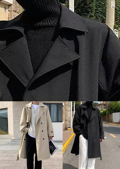 Black Tie Waist Cotton Trench Coat Notched Spring Yq019