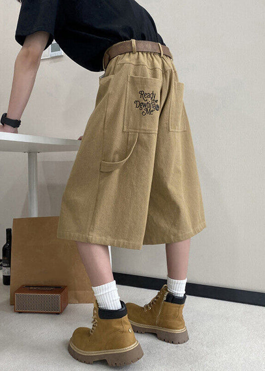 Art Pockets Crop Summer High Pants Waist Khaki Letter