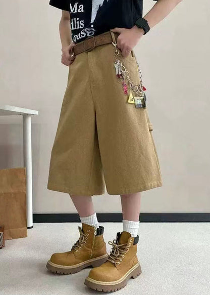 Art Pockets Crop Summer High Pants Waist Khaki Letter