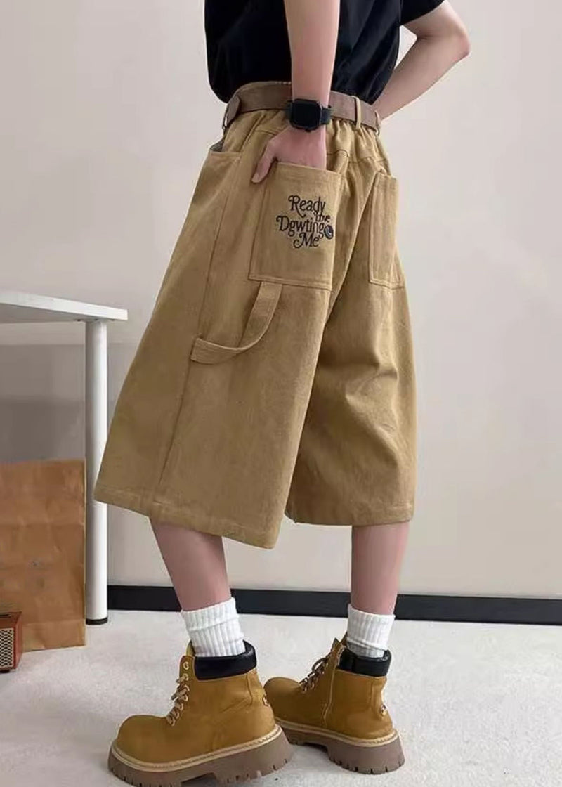 Art Pockets Crop Summer High Pants Waist Khaki Letter