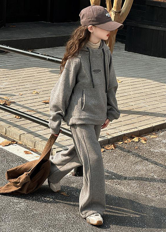 Art Khaki Patchwork Thick Hooded Kids Sweatshirt and Wide Leg Pants Two Piece Set Spring Tr014