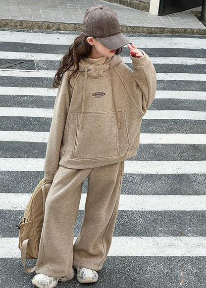 Art Khaki Patchwork Thick Hooded Kids Sweatshirt and Wide Leg Pants Two Piece Set Spring Tr014