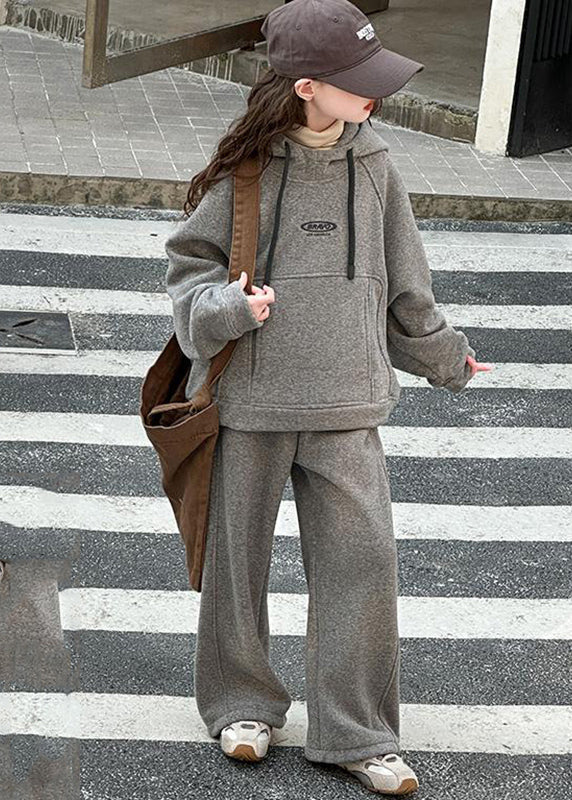 Art Khaki Patchwork Thick Hooded Kids Sweatshirt and Wide Leg Pants Two Piece Set Spring Tr014