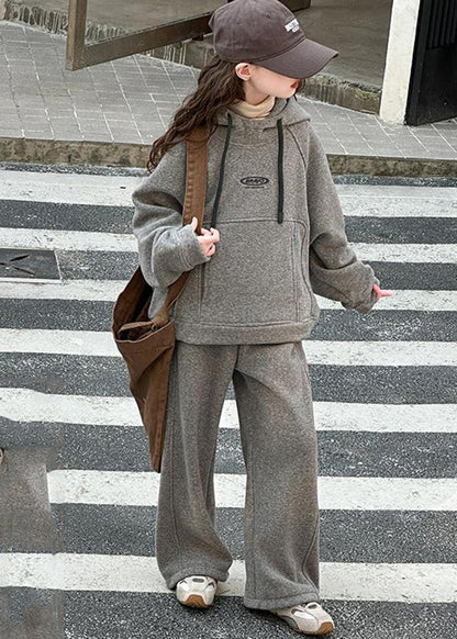 Art Khaki Patchwork Thick Hooded Kids Sweatshirt and Wide Leg Pants Two Piece Set Spring Tr014