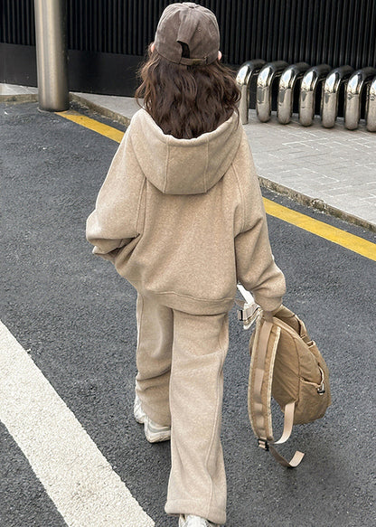 Art Khaki Patchwork Thick Hooded Kids Sweatshirt and Wide Leg Pants Two Piece Set Spring Tr014