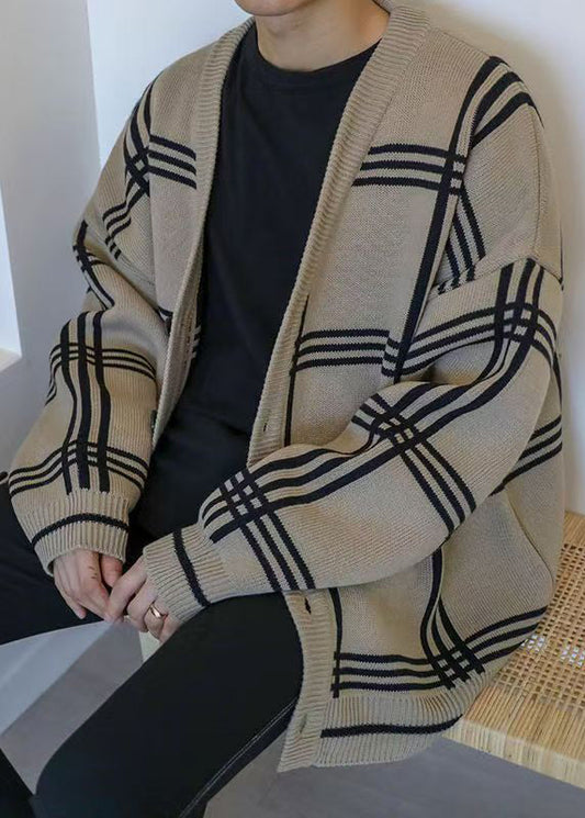 Khaki Spring Art Knit Button Plaid Cardigans