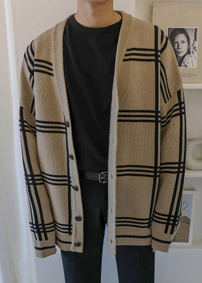 Khaki Spring Art Knit Button Plaid Cardigans