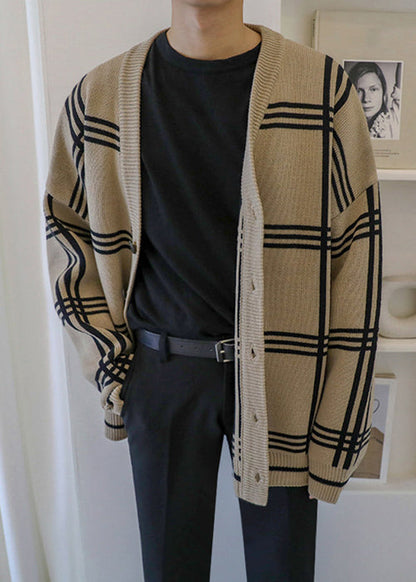Khaki Spring Art Knit Button Plaid Cardigans