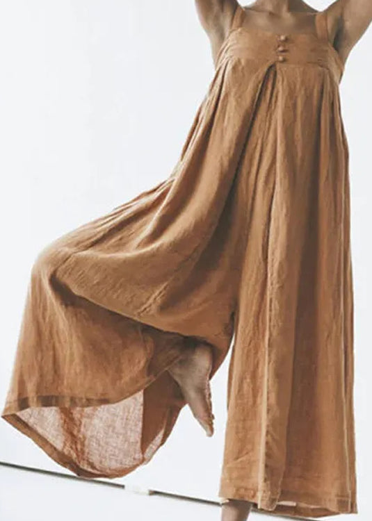 Art Khaki Slash Neck Button Linen Jumpsuit Summer Ly1965
