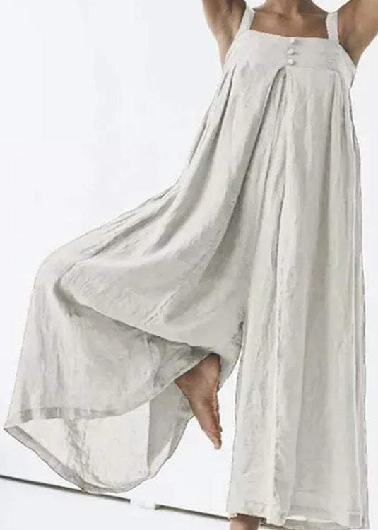 Art Khaki Slash Neck Button Linen Jumpsuit Summer Ly1965