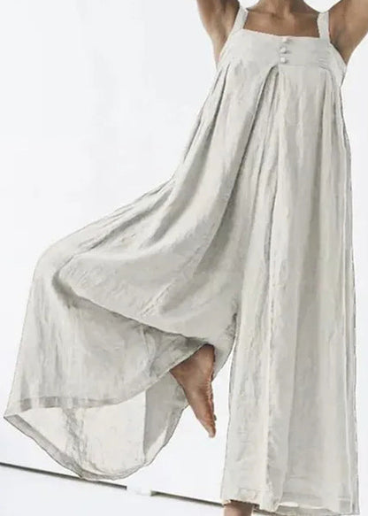 Art Khaki Slash Neck Button Linen Jumpsuit Summer Ly1965