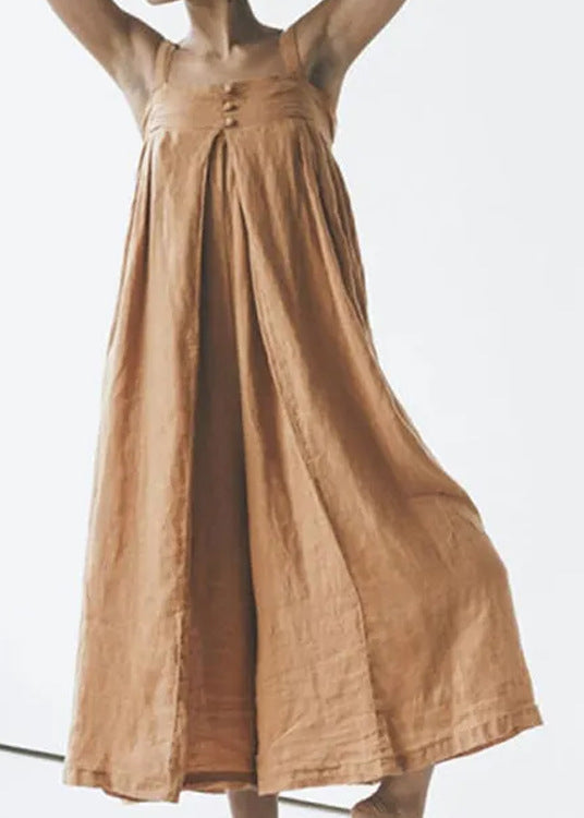 Art Khaki Slash Neck Button Linen Jumpsuit Summer Ly1965