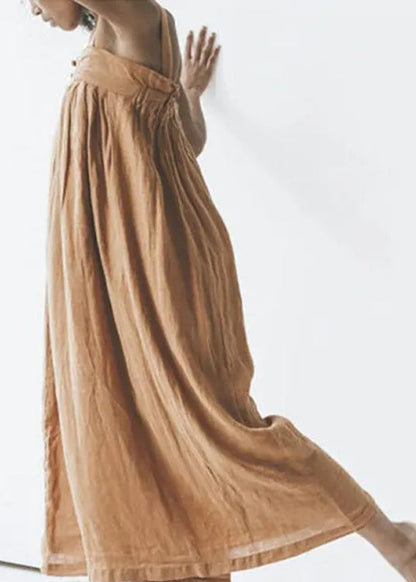 Art Khaki Slash Neck Button Linen Jumpsuit Summer Ly1965
