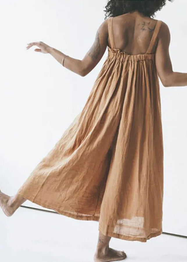 Art Khaki Slash Neck Button Linen Jumpsuit Summer Ly1965