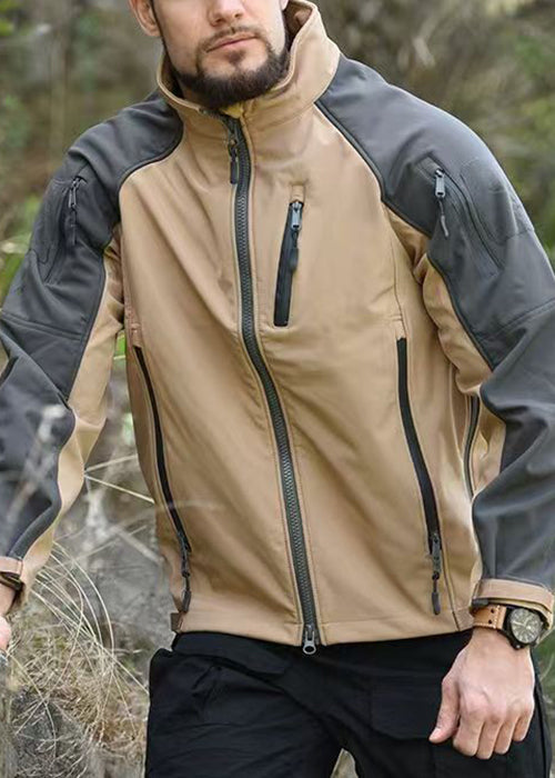 Spring Khaki Fleece Art Coat Zip Up Warm Patchwork Pockets