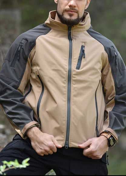 Spring Khaki Fleece Art Coat Zip Up Warm Patchwork Pockets