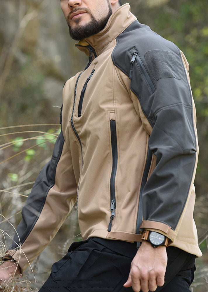 Spring Khaki Fleece Art Coat Zip Up Warm Patchwork Pockets