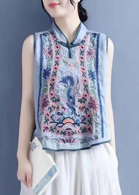 Art Light Blue Stand Collar Embroidered Waistcoat Summer Vb1073