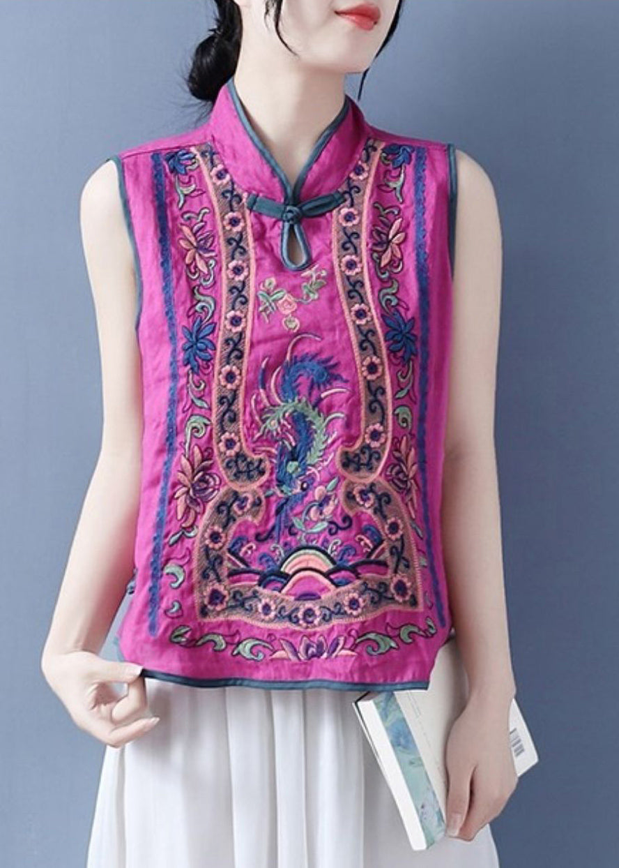 Art Light Blue Stand Collar Embroidered Waistcoat Summer Vb1073