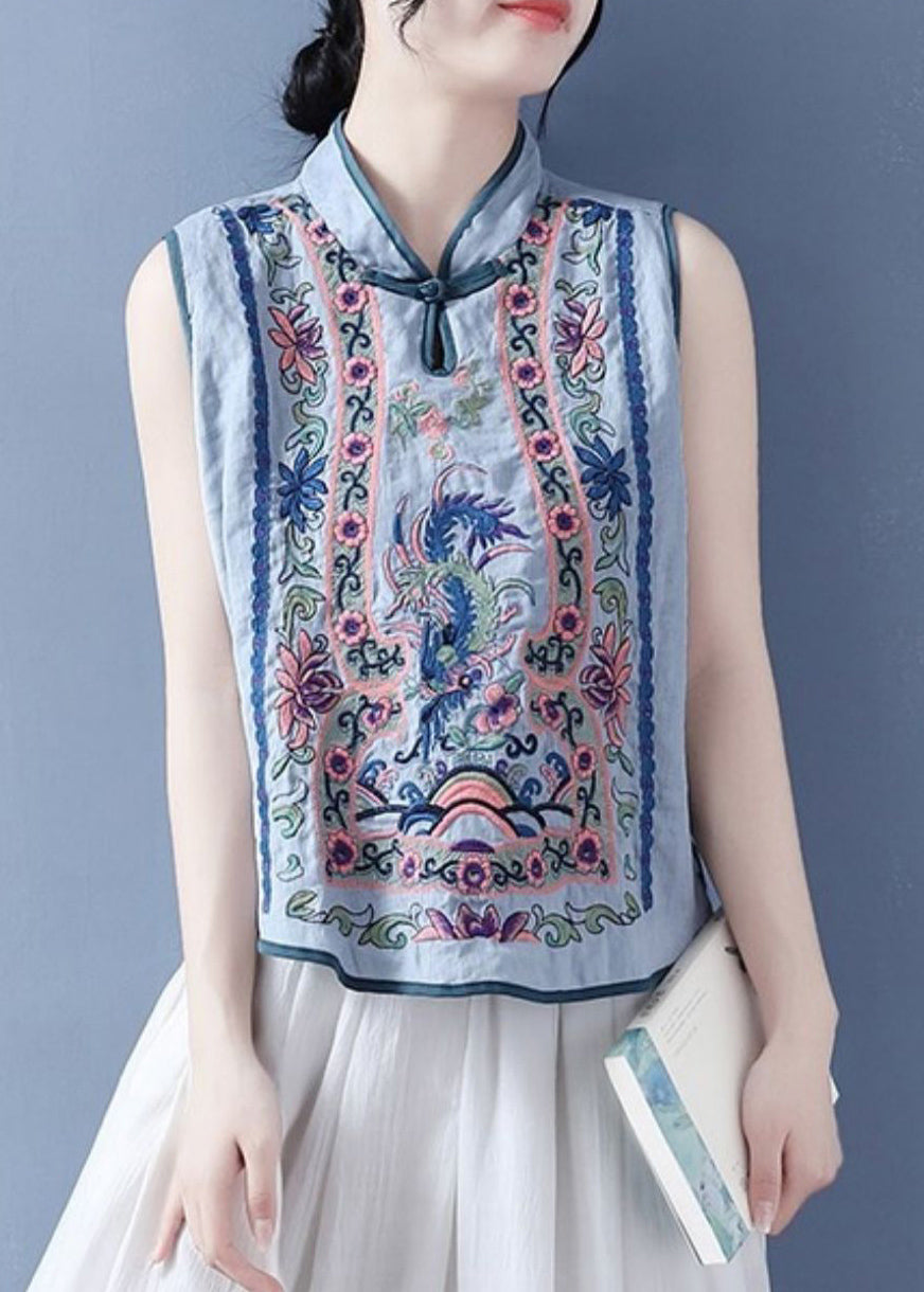 Art Light Blue Stand Collar Embroidered Waistcoat Summer Vb1073