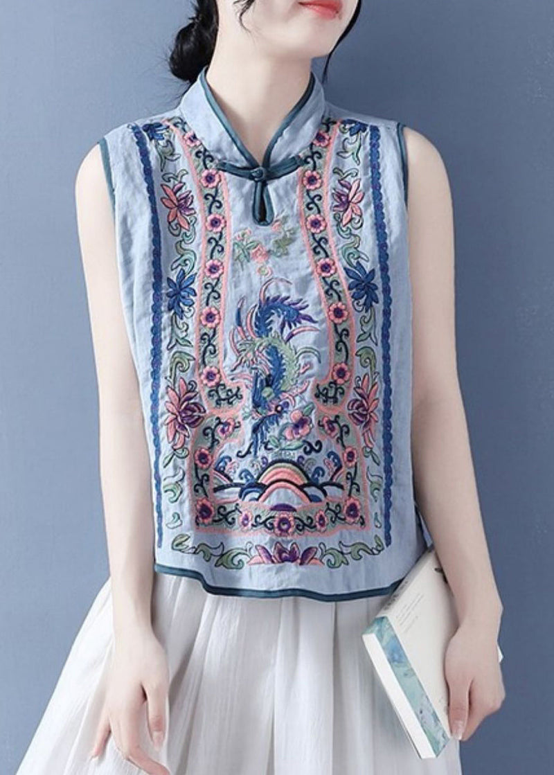 Art Light Blue Stand Collar Embroidered Waistcoat Summer Vb1073