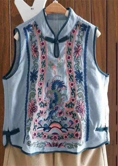 Art Light Blue Stand Collar Embroidered Waistcoat Summer Vb1073